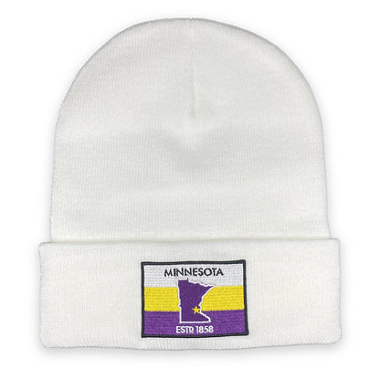 White cuffed beanie with Purple and Yellow Flag Patch front view