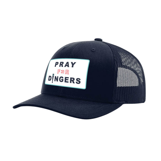 Navy Blue 6 panel snapback trucker hat with Pray for Dingers Embroidery patch