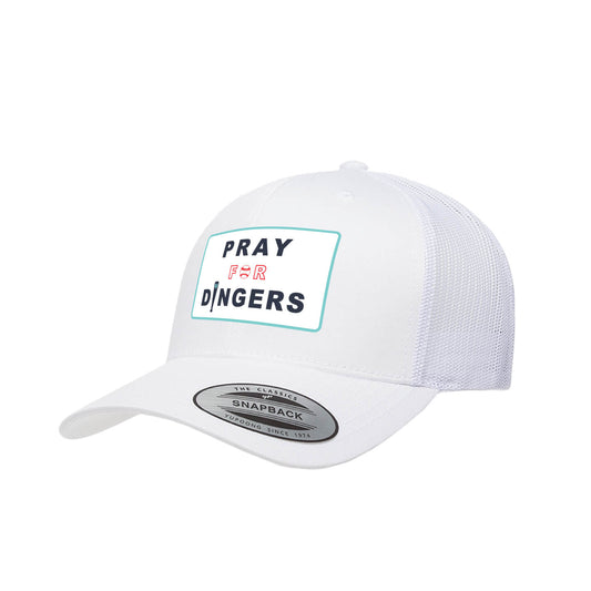 White 6 panel snapback trucker hat with Pray for Dingers Embroidery patch