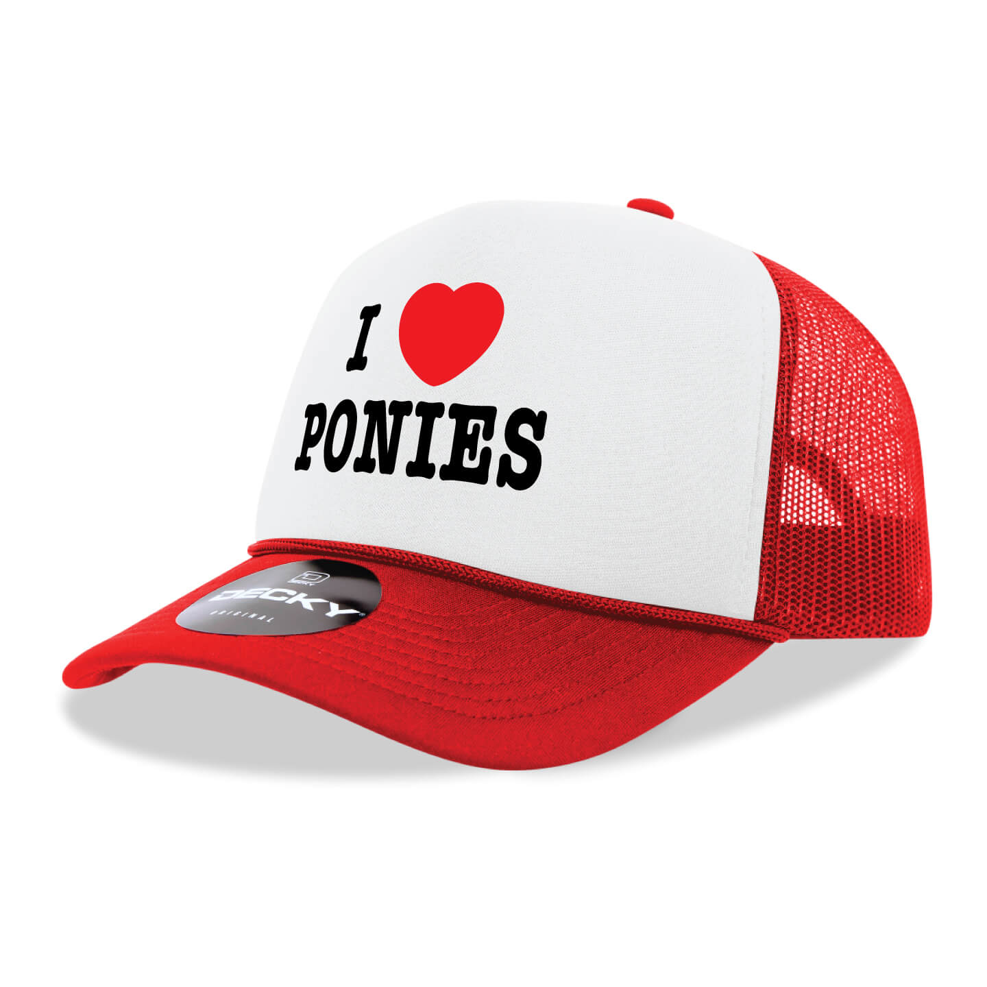 5 panel snapback foam trucker hat White and Red with I HEART PONIES