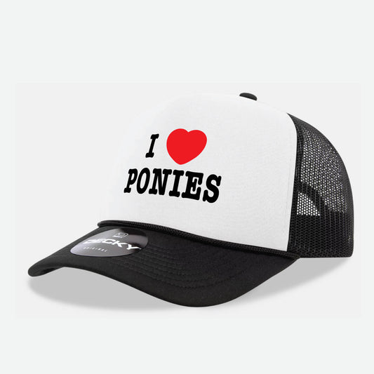 5 panel snapback foam trucker hat White and Black with I HEART PONIES