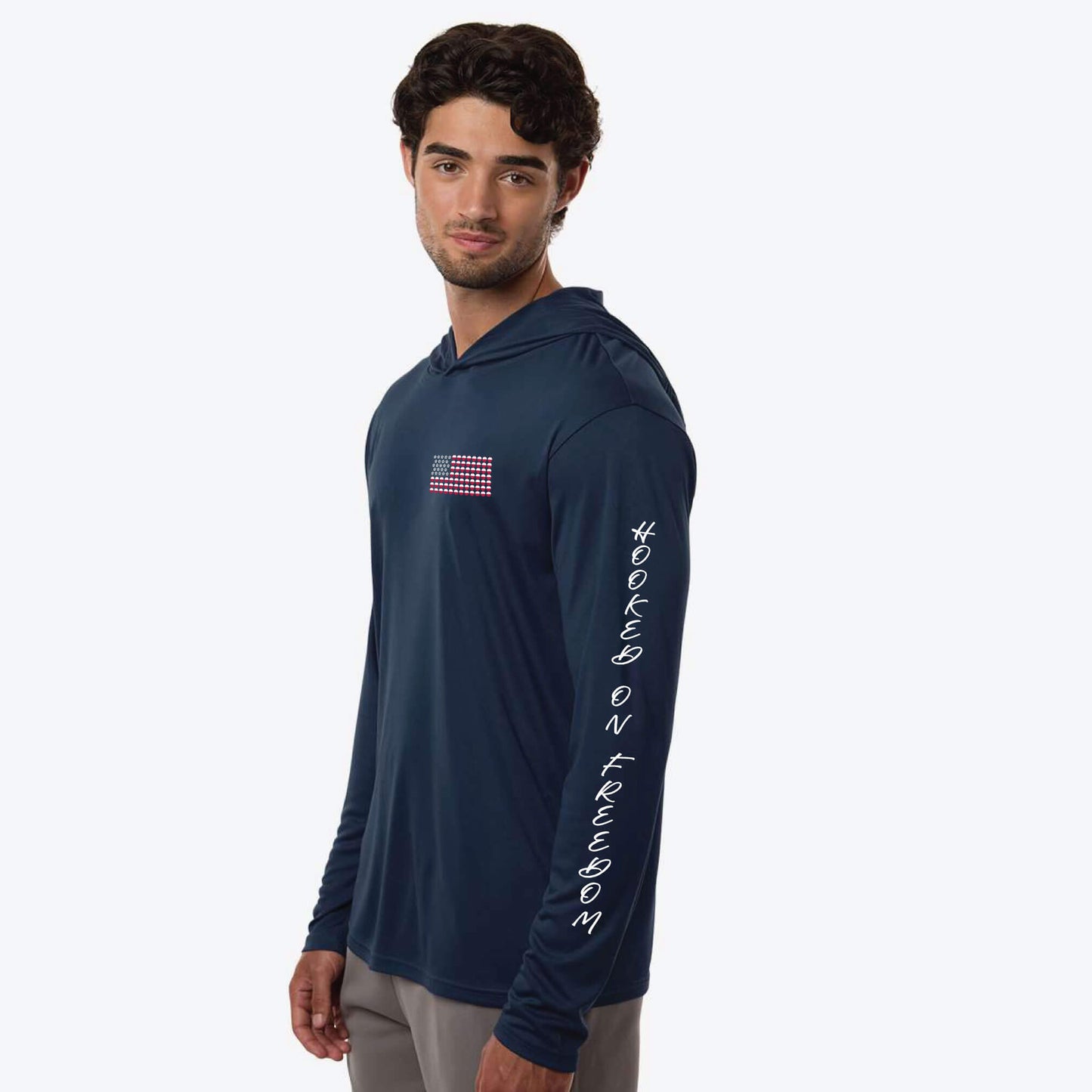 4th of July & Fishing Hoodie Long Sleeve UPF 50+ protection - Hooked On Freedom Patriotic Fishing Shirt