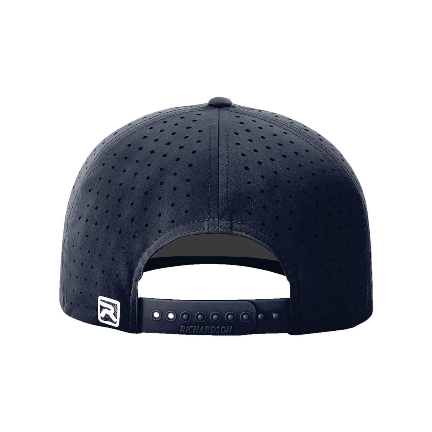 RICHARDSON adjustable snapback cap shown from the back, featuring a dark navy blue perforated fabric crown and a matching navy blue strap with a white brand logo patch.