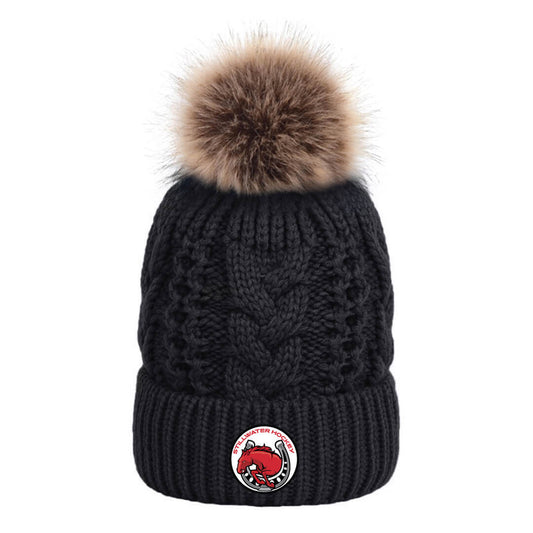 Black Lined Faux Fur Pom Beanie with Rubber Stillwater Ponies Boys Hockey