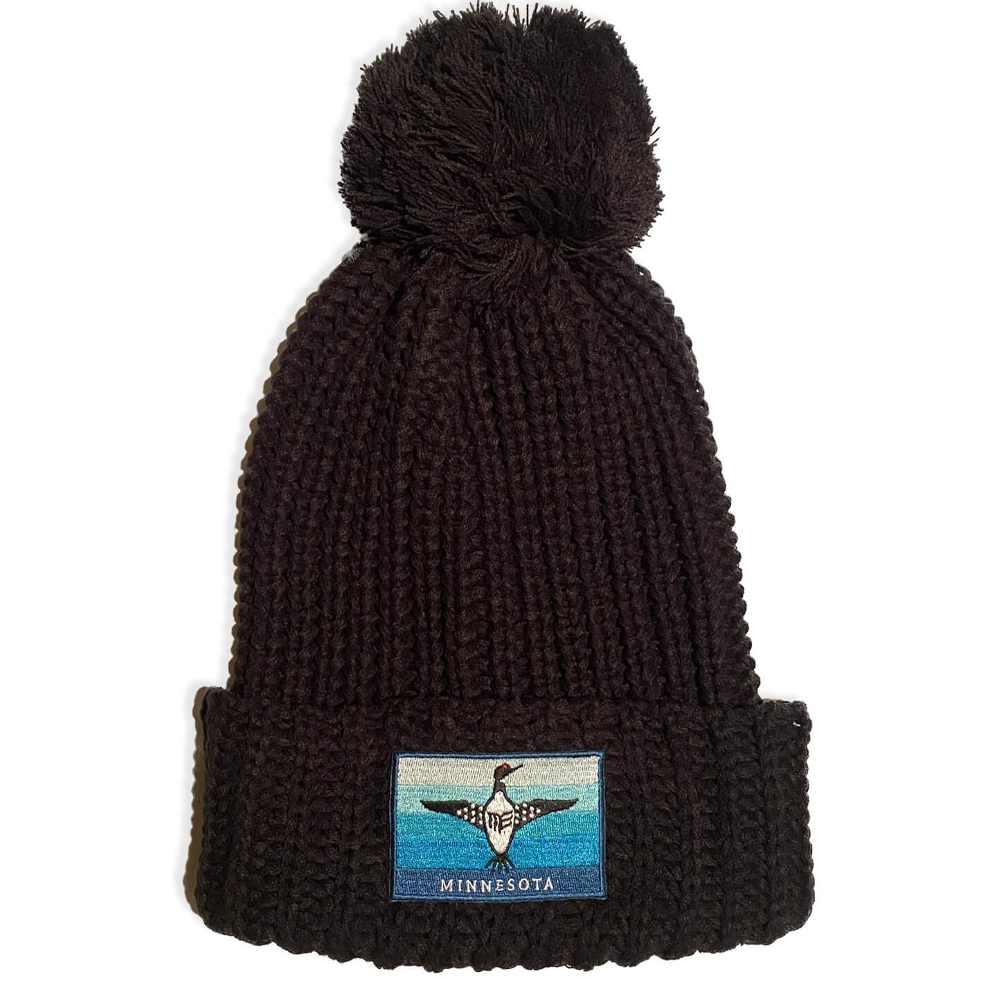 Black Chunky Cable with Cuff & Pom Beanie with Blue Loon Flag Patch