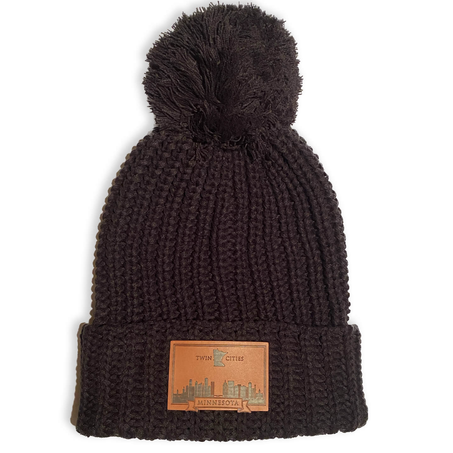 Black Chunky Cable with Cuff & Pom Beanie with Leather Twin Cities Patch