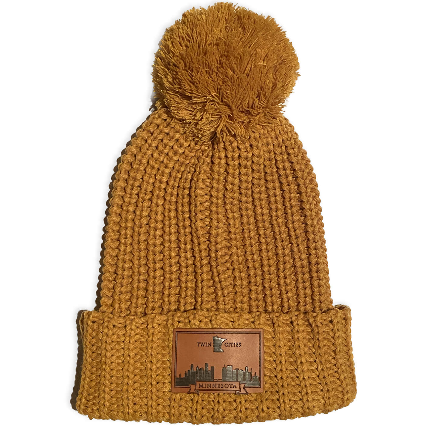 Caramel Chunky Cable with Cuff & Pom Beanie with Leather Twin Cities Leather Patch