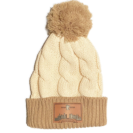 Ivory Chunk Twist Cuffed Beanie & Pom Beanie with Leather Twin Cities Leather Patch