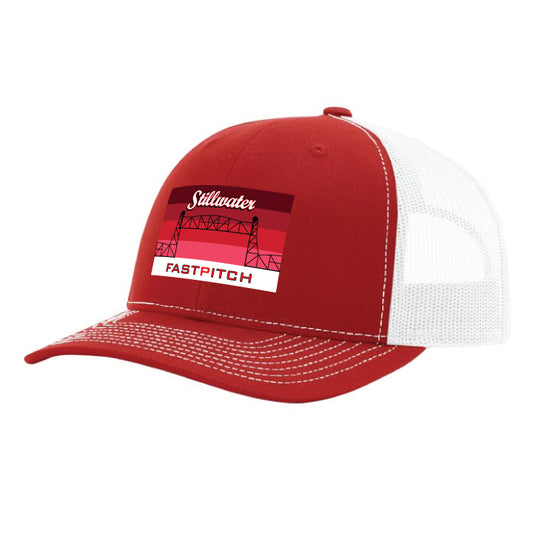 Richarson 112 Red with White Trucker with Embroidered Stillwater Patch