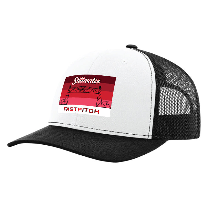 Richarson 112  White with Black Trucker with Red Embroidered Stillwater Patch