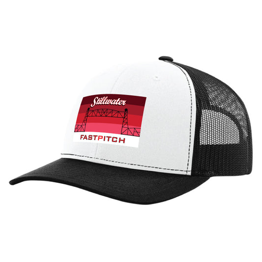 Richarson 112  White with Black Trucker with Red Embroidered Stillwater Patch