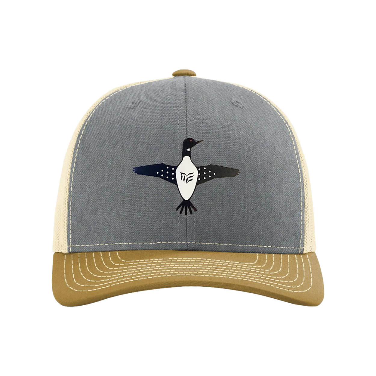 Modern Envy Loon logo on Richardson 112 hat in Grey, Birth and Amber front view