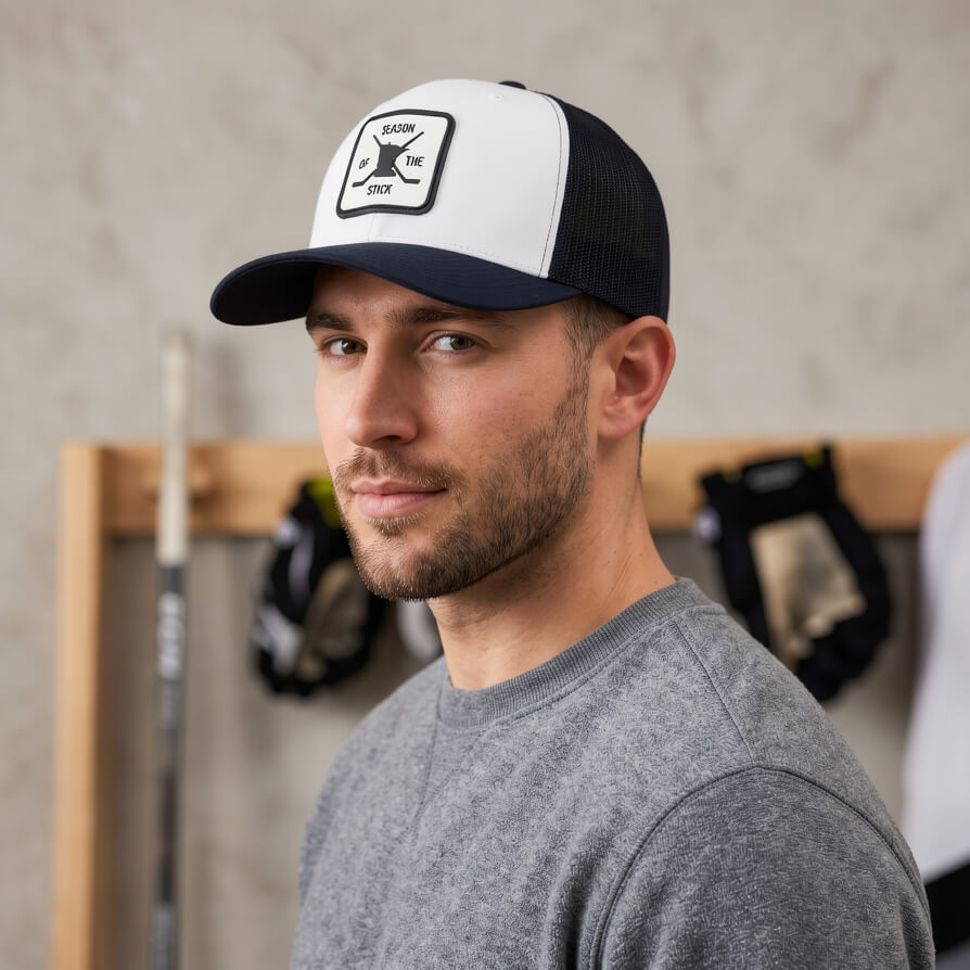 Minnesota Hockey patch on White and Black Trucker hat