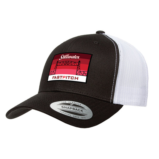 Yupoong 6606 Black and White Trucker with Embroidered Stillwater Patch