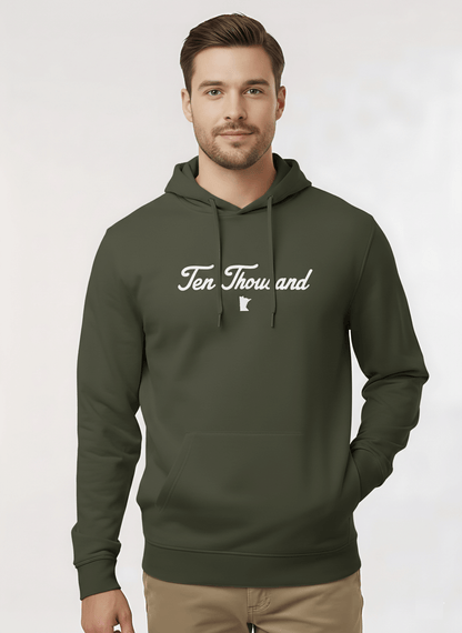 Man wearing a green hoodie with 'Ten Thousand' text on a white background