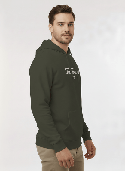 Man wearing a green hoodie with text on a white background