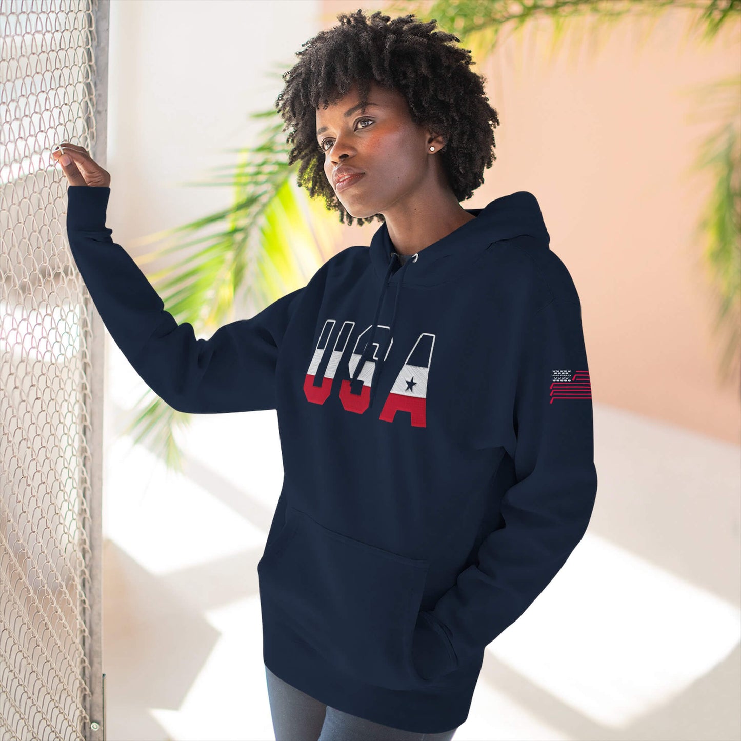 USA Front Hockey Flag Sleeve Navy hoodie female model front view