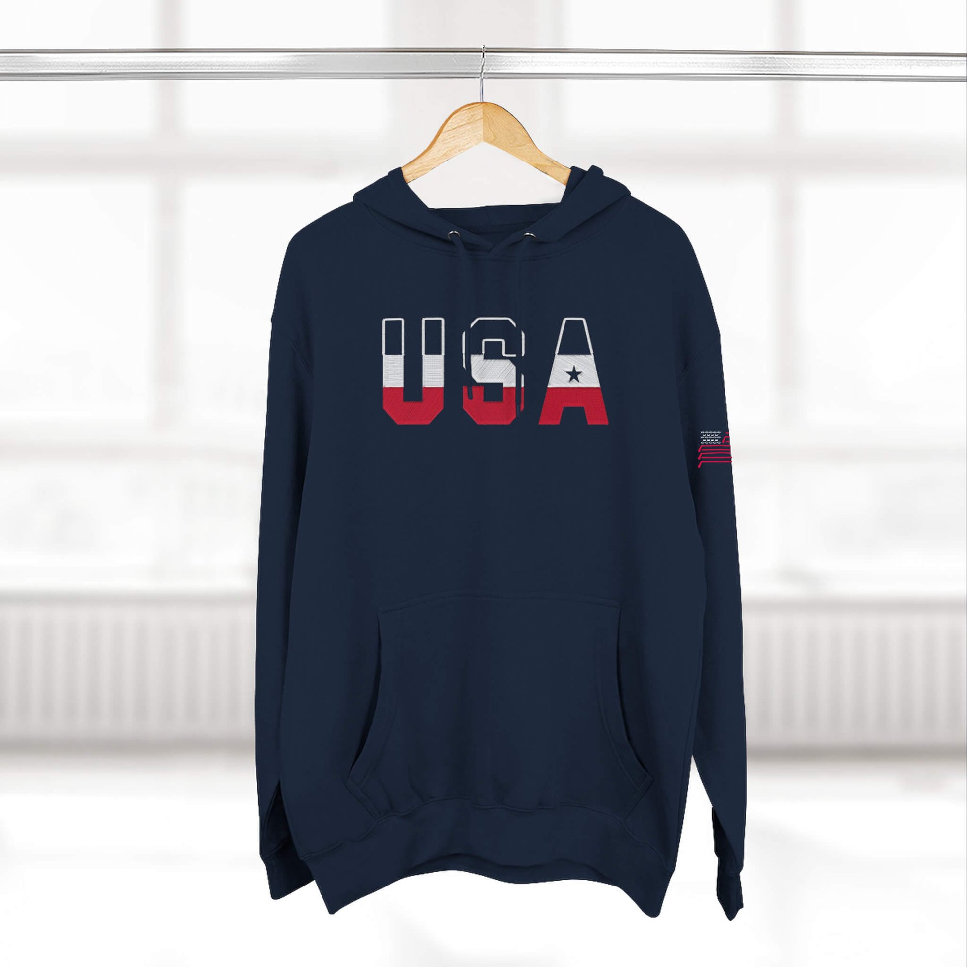 USA Front Hockey Flag Sleeve Navy hoodie hanger view