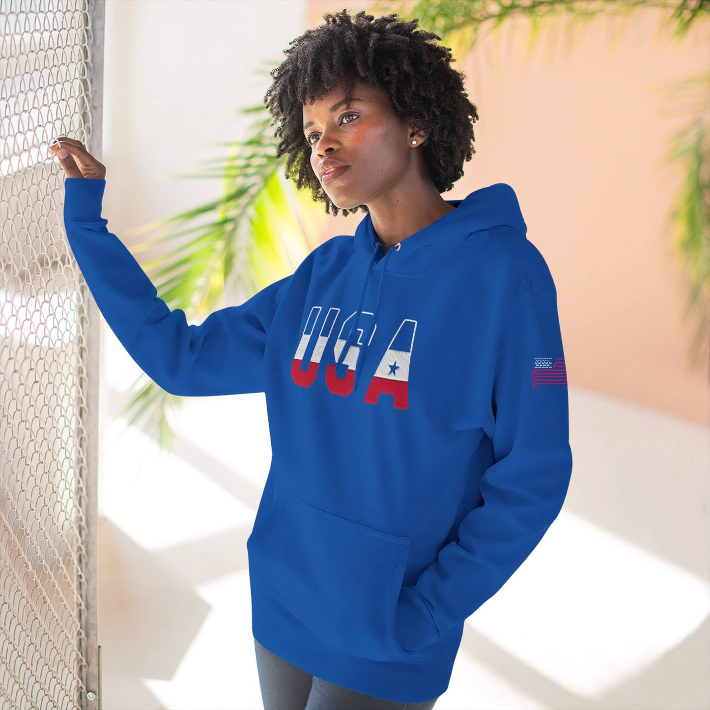 USA Front Hockey Flag Sleeve Royal hoodie female model front view
