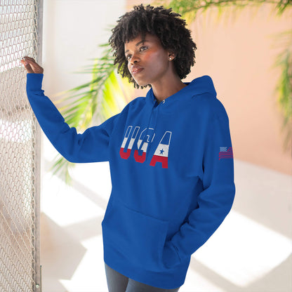 USA Front Hockey Flag Sleeve Royal hoodie female model front view