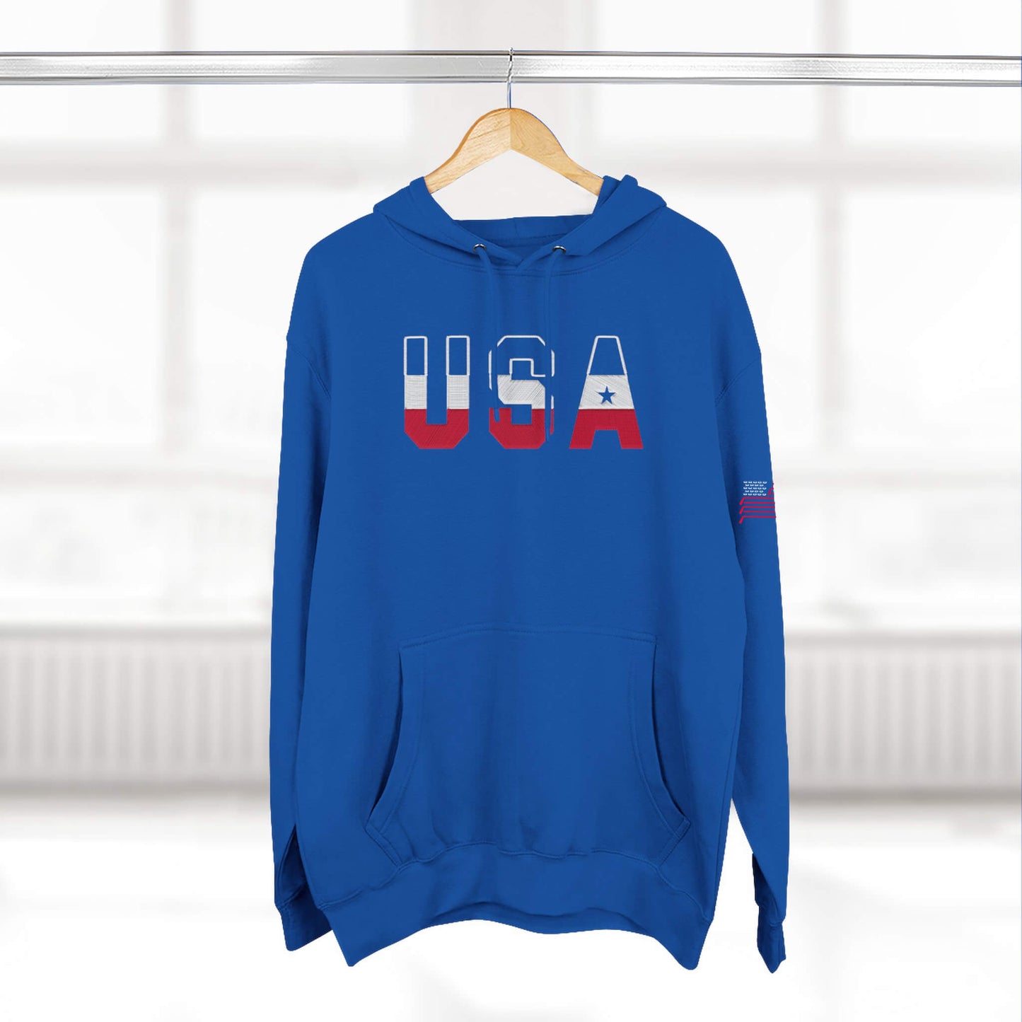 USA Front Hockey Flag Sleeve Royal hoodie hanger view