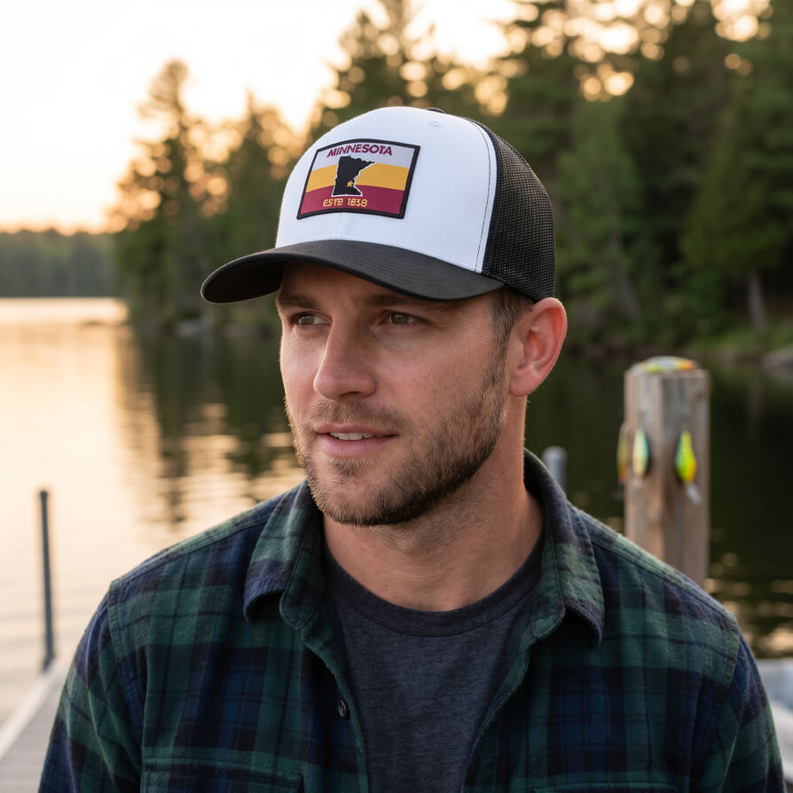 Minnesota- Gopher Inspired- 6 Panel Trucker Hat with Maroon and Gold Minnesota Est'd flag patch
