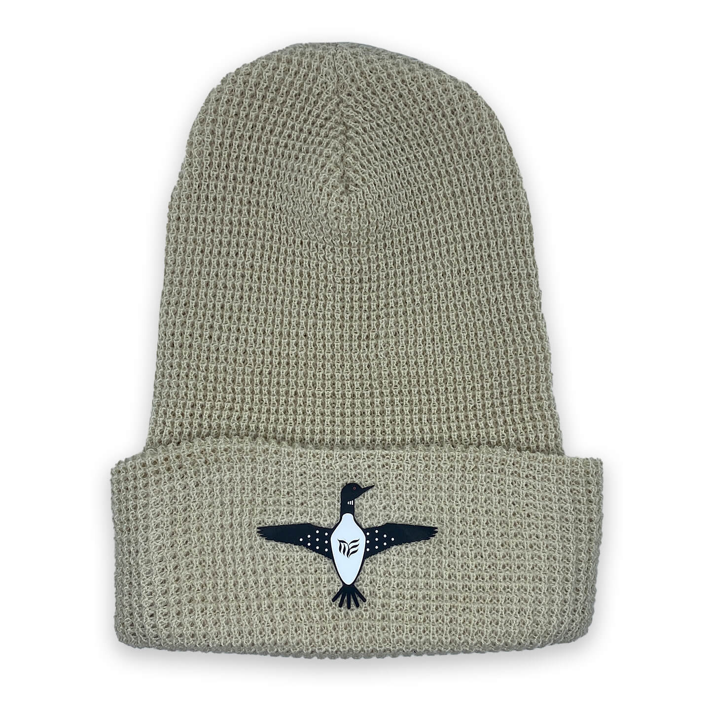 Cream Waffle cuffed beanie with Silicone Loon Patch