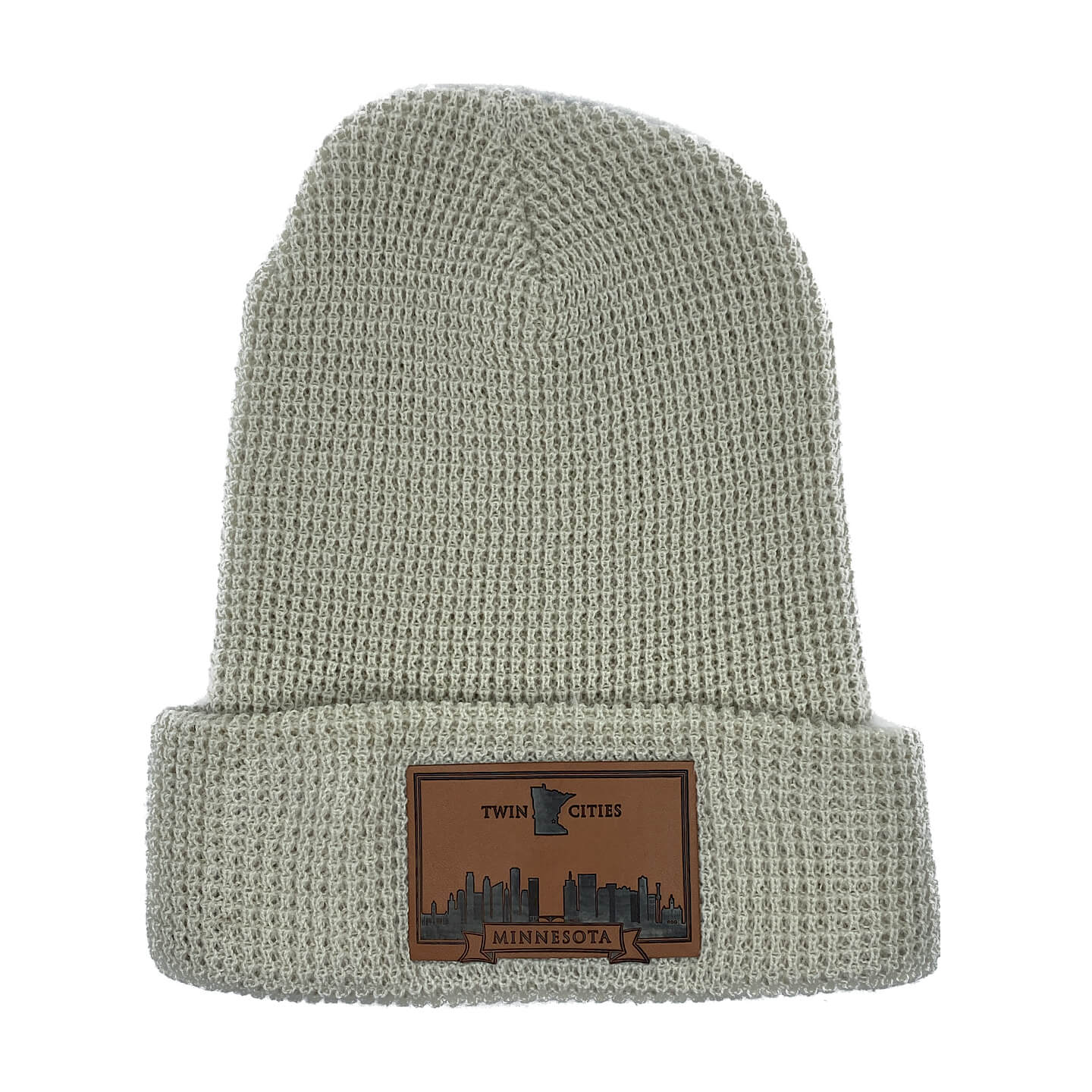 Cream Waffle cuffed beanie with Leather Twin Cities Patch