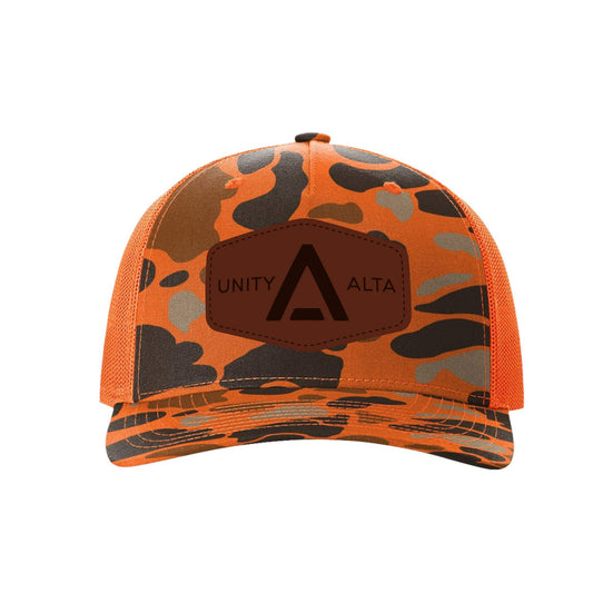 3-4 weeks production 10pc Avigilon Leather Patch Trucker Hat Blaze Camo