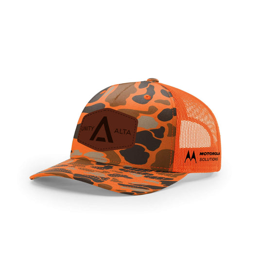 3-4 weeks production 10pc Avigilon Leather Patch Trucker Hat Blaze Camo