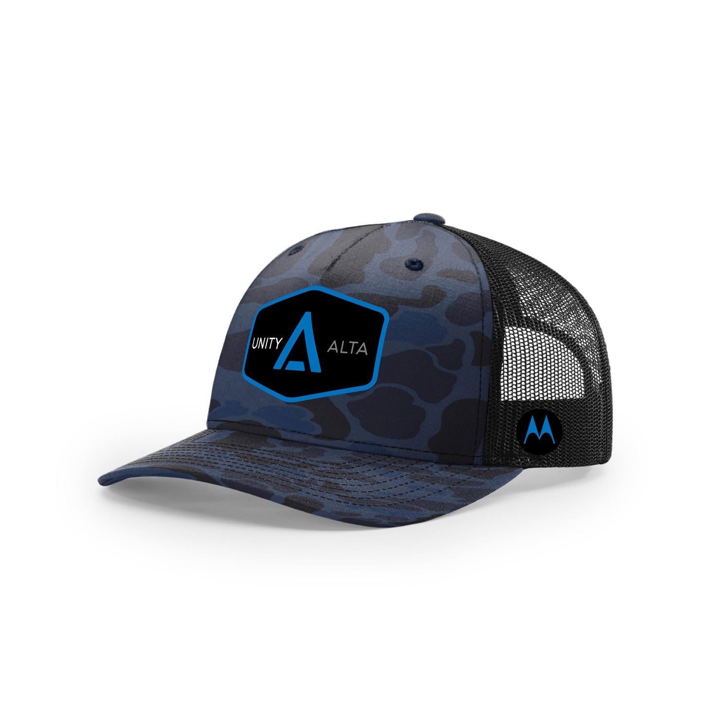 3-4 weeks production 10pc Avigilon PVC Blue outline Trucker Hat Admiral Camo