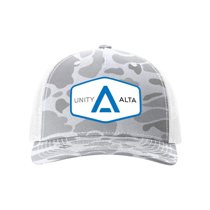 3-4 weeks production 10pc  Avigilon PVC Blue outline Trucker Hat White/Gray Camo