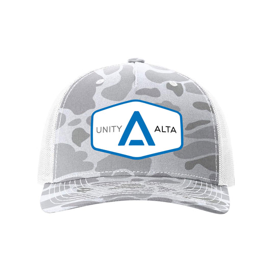 3-4 weeks production 10pc  Avigilon PVC Blue outline Trucker Hat White/Gray Camo