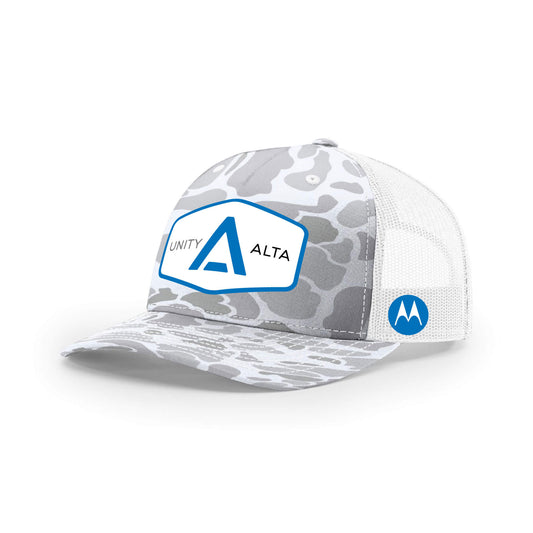 3-4 weeks production 10pc  Avigilon PVC Blue outline Trucker Hat White/Gray Camo