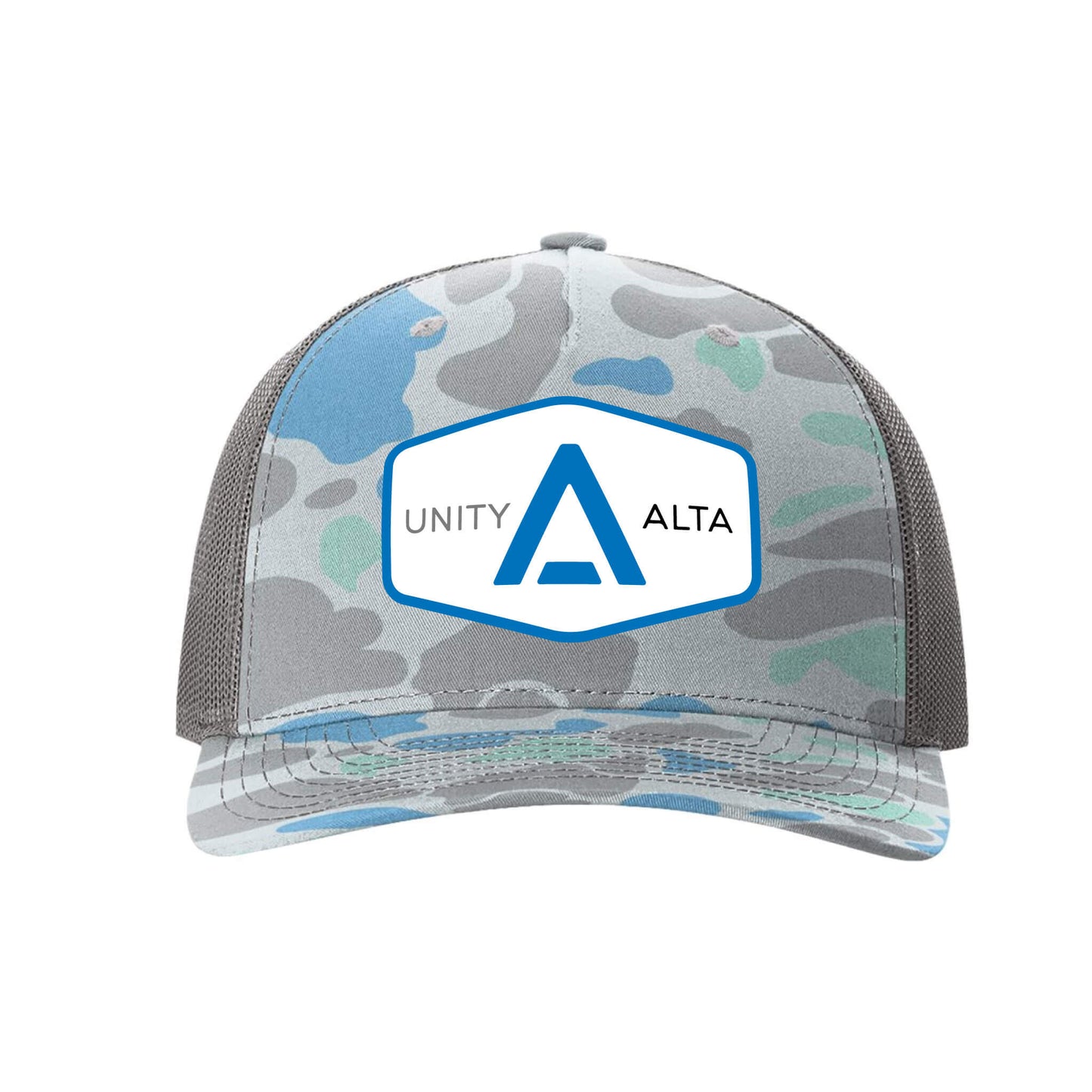 3-4 weeks production 10pc Avigilon PVC Blue outline Trucker Hat Blue Camo