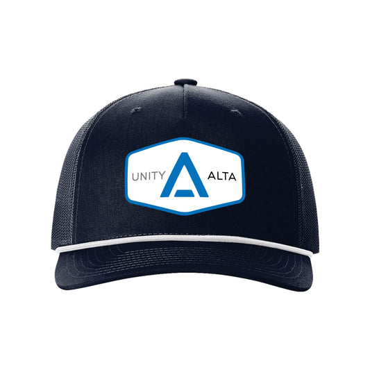 3-4 weeks production 10pc Avigilon PVC Blue outline Trucker Hat Navy Rope