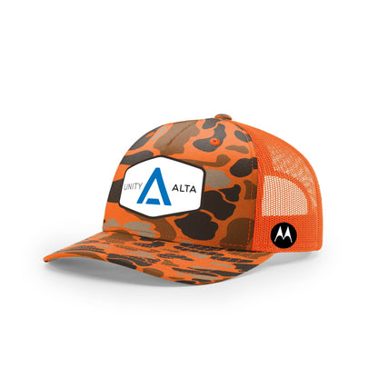 3-4 weeks production 10pc Avigilon PVC Blue outline Trucker Hat Blaze Camo