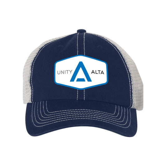 3-4 weeks production 10pc Avigilon PVC Blue outline 47 Brand Trowler Trucker Navy