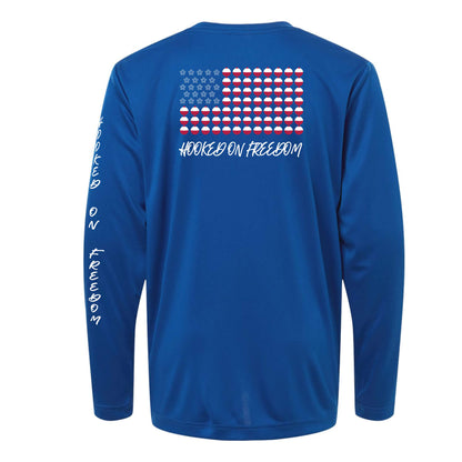 4th of July Fishing Long Sleeve - Hooked On Freedom Patriotic Performance Tee (Youth)
