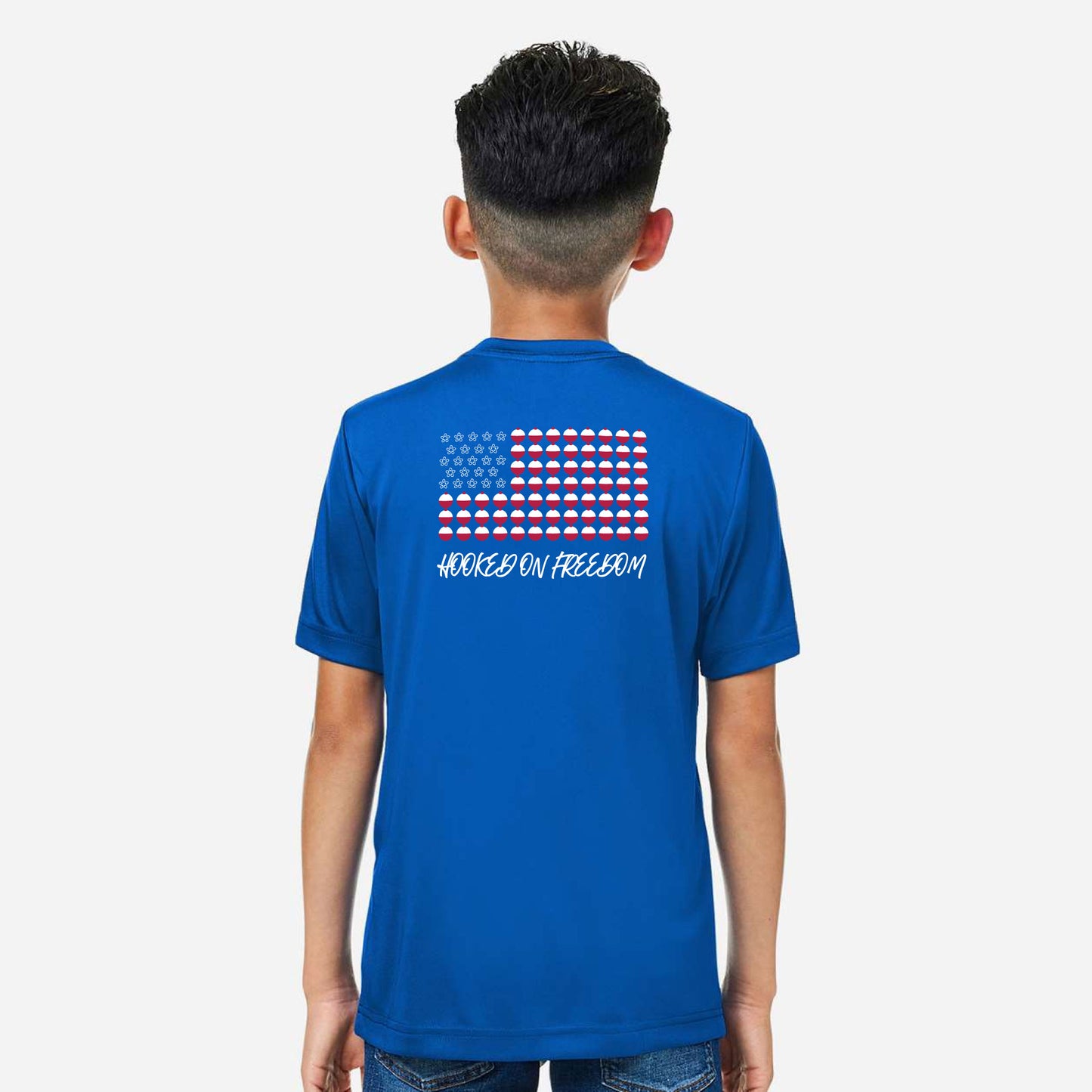 4th of July Fishing Tee - Hooked On Freedom Bobber Fishing Shirt (Youth Short Sleeve)