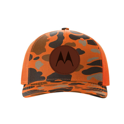 3-4 weeks production 10pc Motorola Leather Patch Trucker Hat Blaze Camo