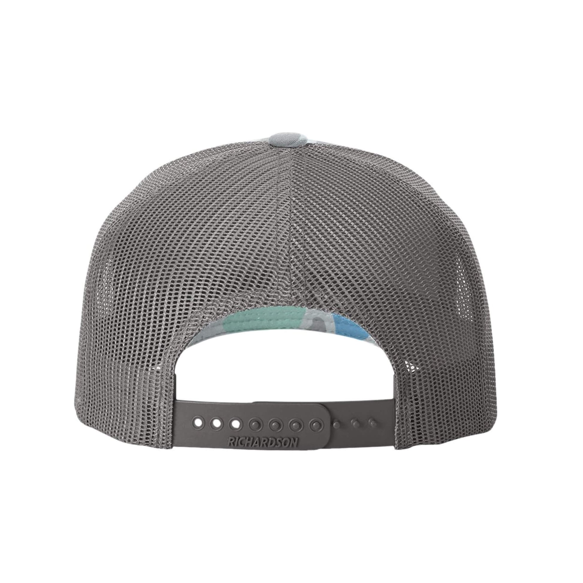 The back view of a gray mesh trucker cap with an adjustable snapback strap, featuring the 'richardson' brand name printed on the strap.