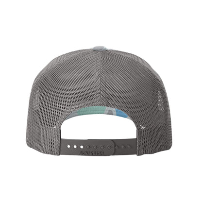 The back view of a gray mesh trucker cap with an adjustable snapback strap, featuring the 'richardson' brand name printed on the strap.