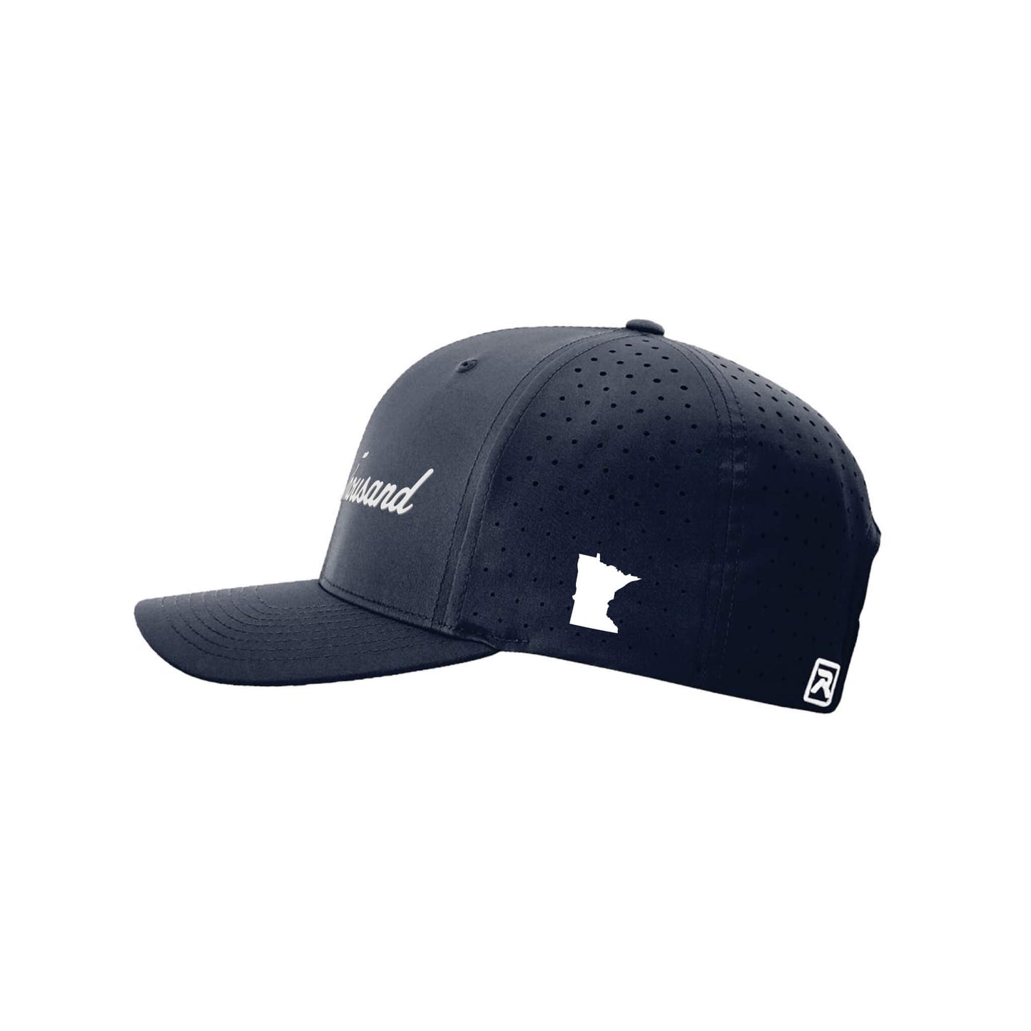 A dark navy blue baseball cap with perforated side panels, featuring a white script logo on the front, a white Minnesota state silhouette on the side, and a small white logo on the back strap, shown against a plain white background.