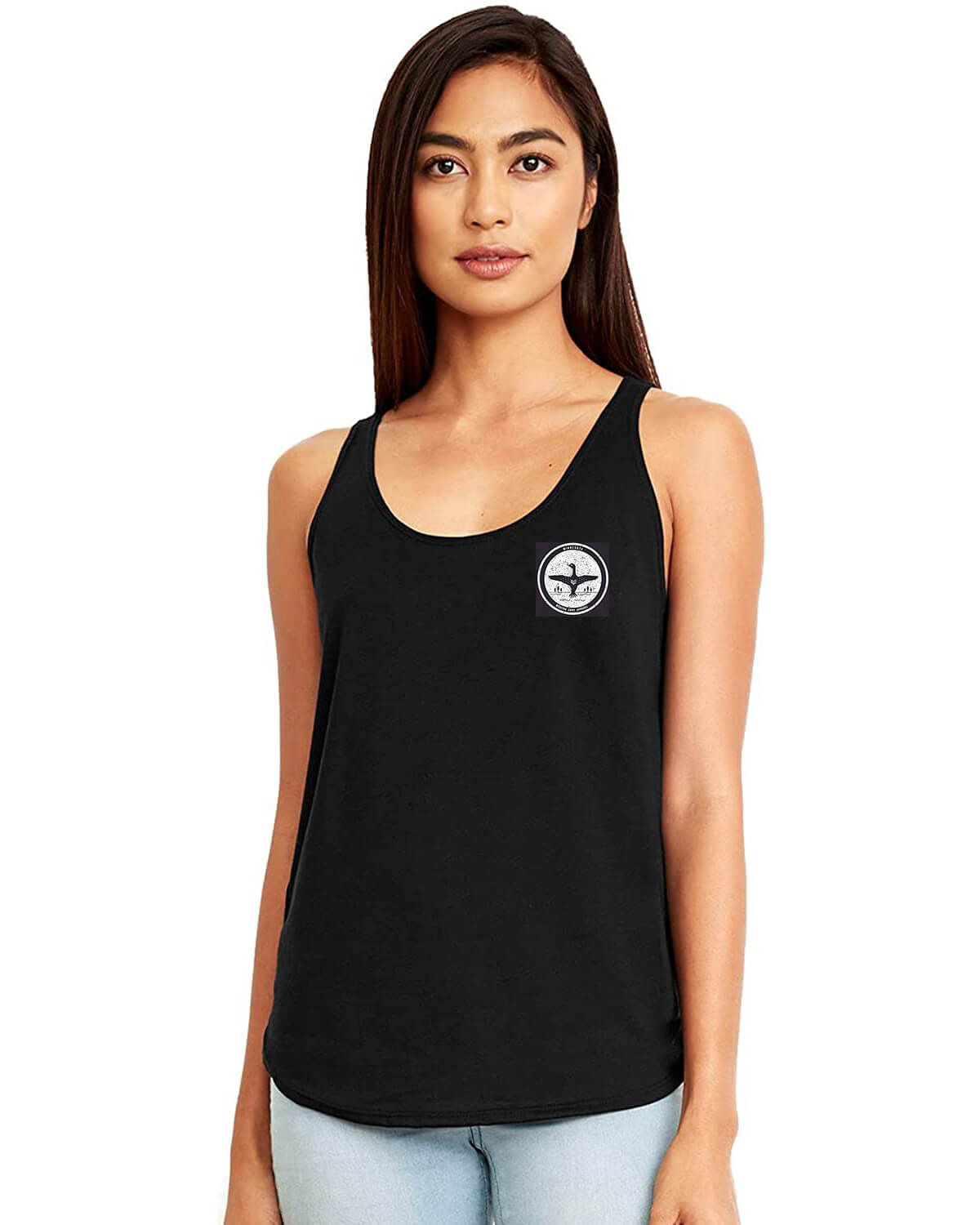 model with Modern Envy Loon logo tank front