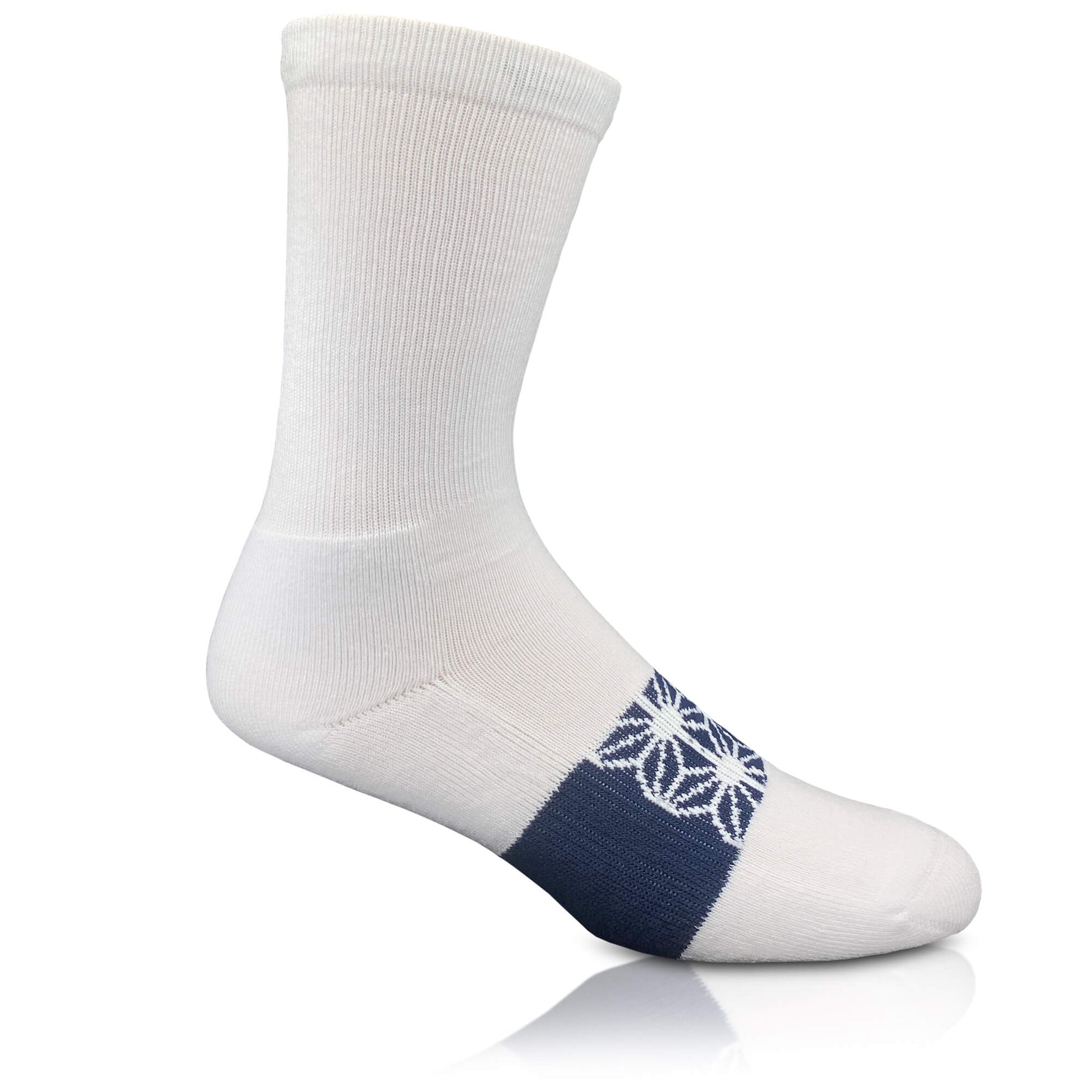 Modern Envy comfy crew socks White and Navy Blue side view